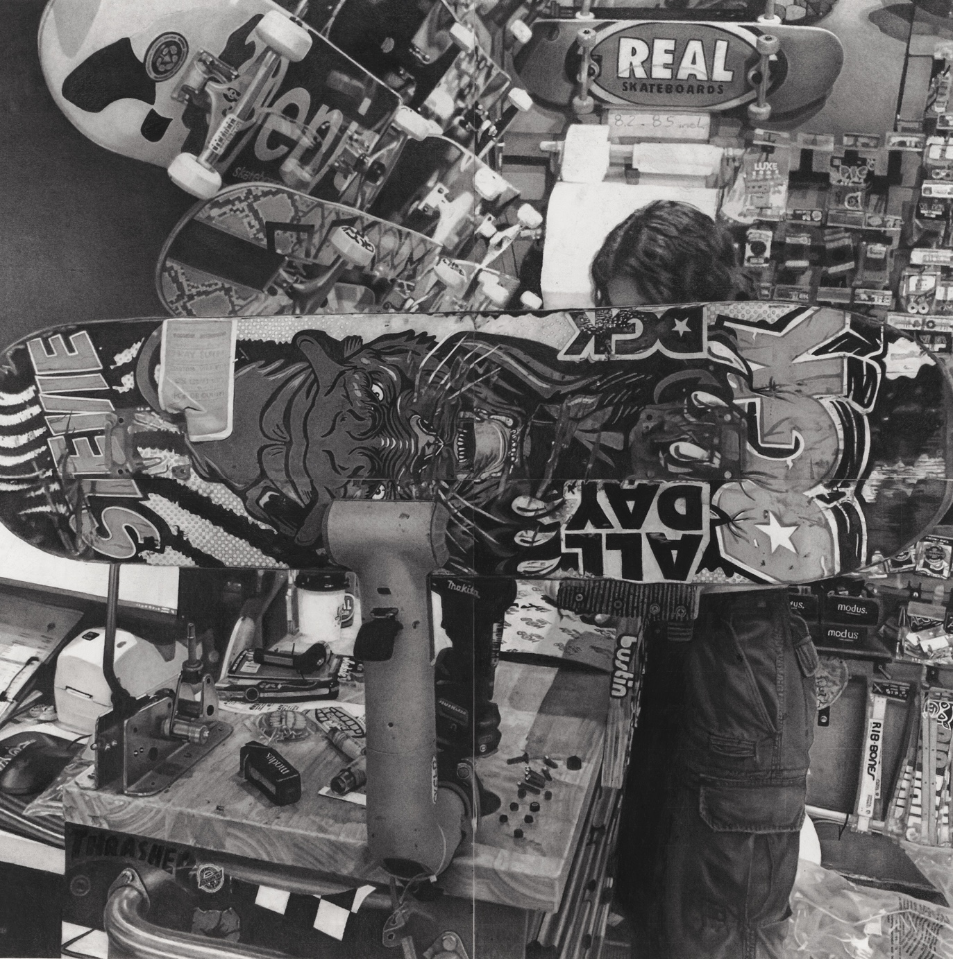 Artwork image of charcoal drawing skateboarding